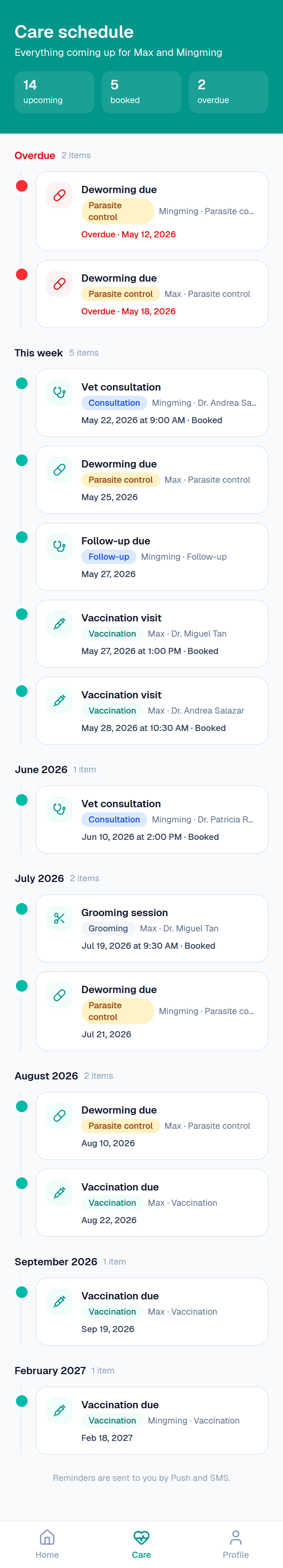 CarePaw pet-owner app — the care schedule