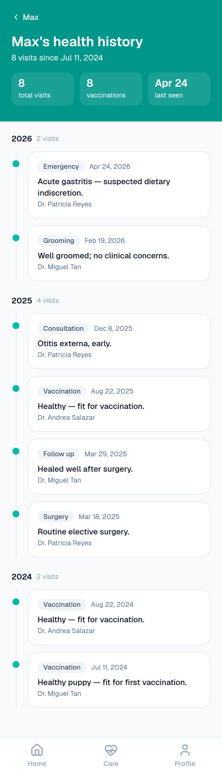 CarePaw pet-owner app — a pet's full health history
