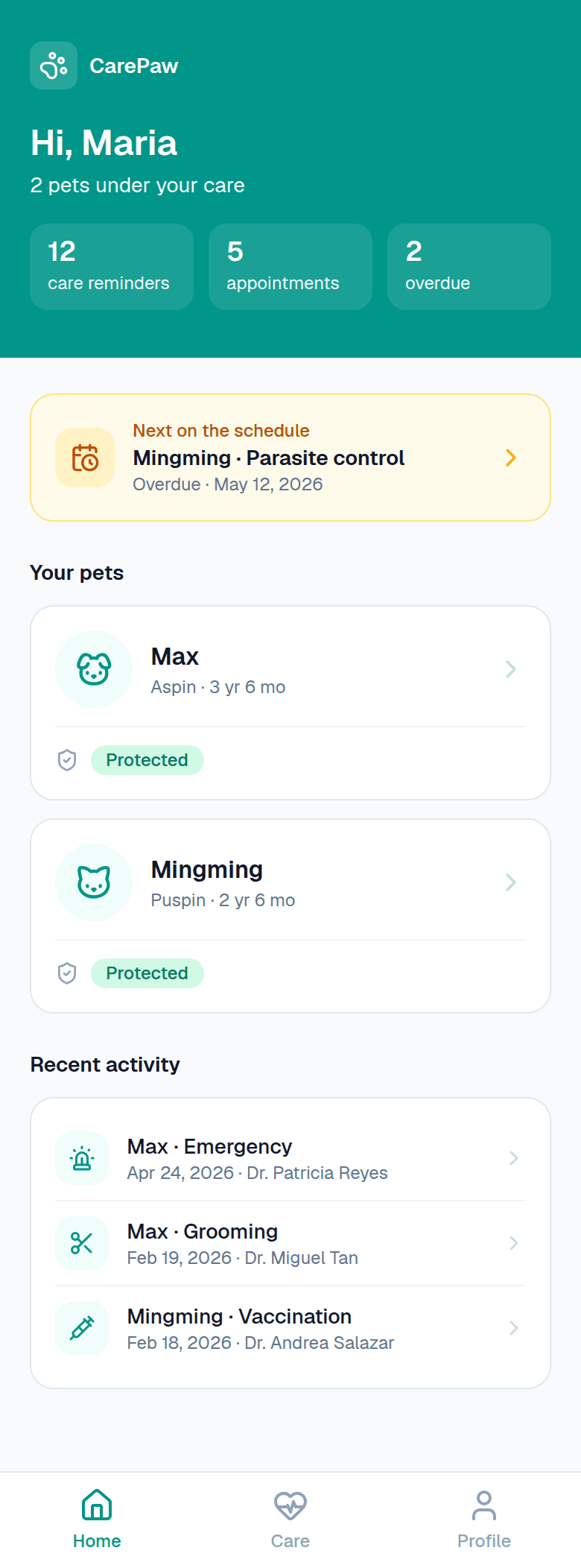 CarePaw pet-owner app — the home screen