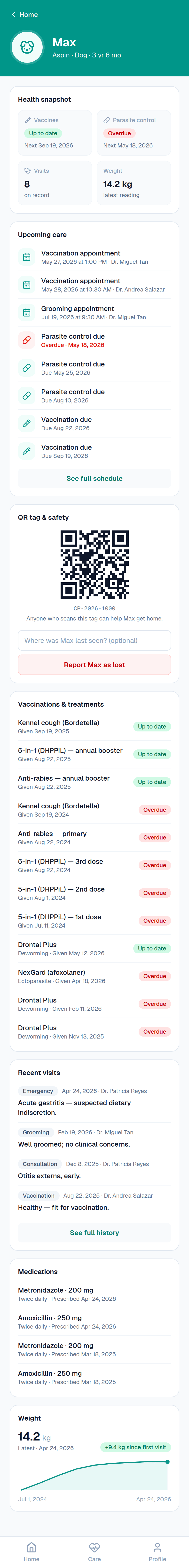 CarePaw pet-owner app — a pet's health record