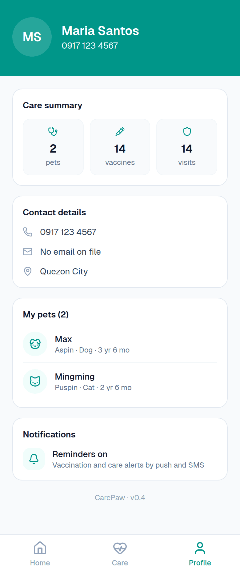 CarePaw pet-owner app — the owner profile